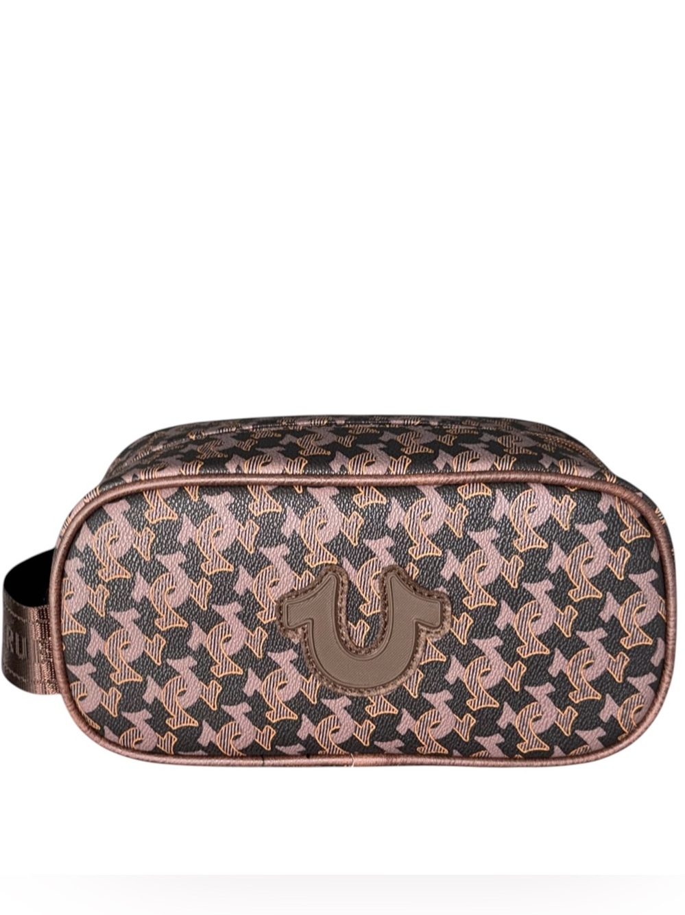 True Religion Houndstooth Monogram Toiletry Bag - Brown & Blush Pink
